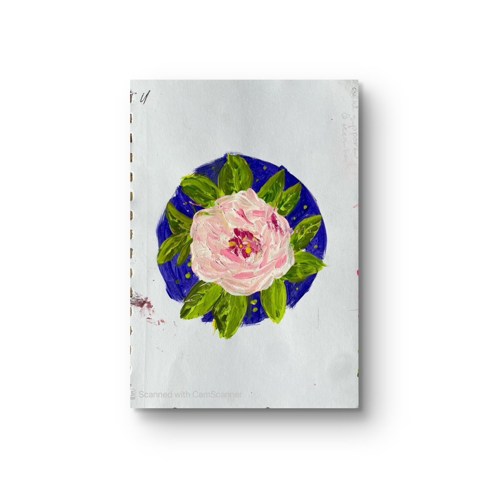 Hand-Painted Pink Peony Floral Artwork on Blue Circle